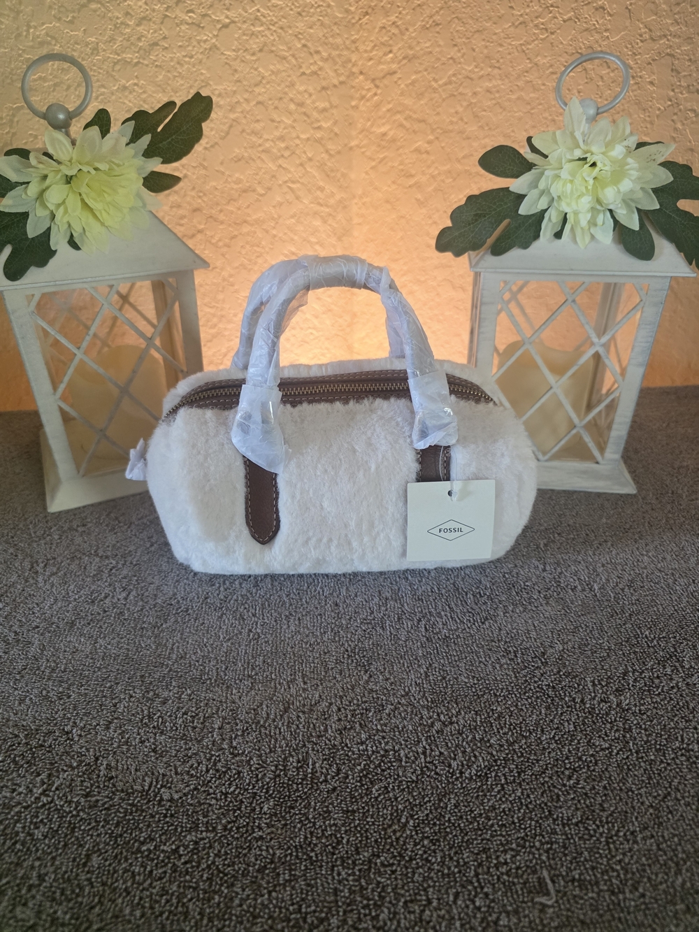 Fossil Cream Shearling Barrel Bag